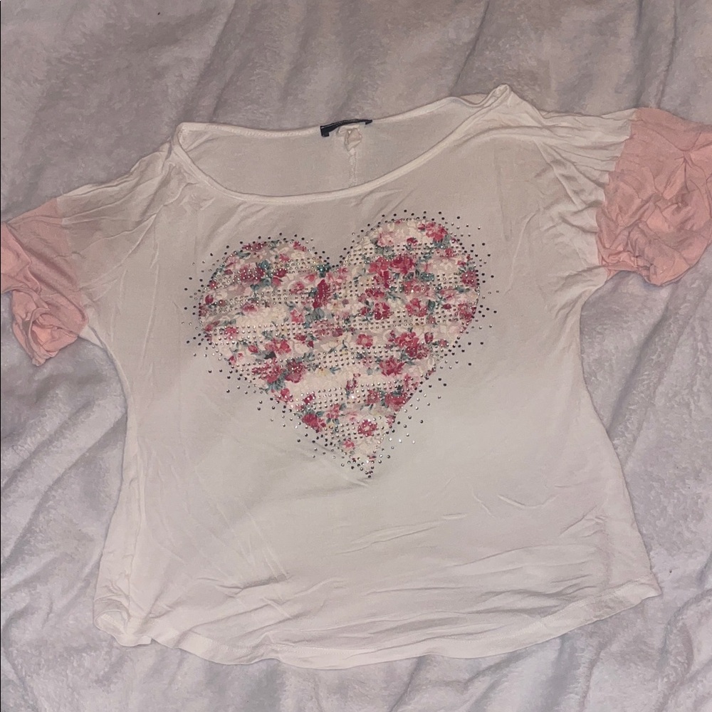 Floral Heart Print Top with Pink Sleeves